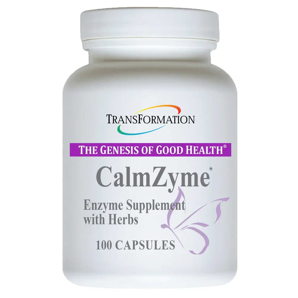 CalmZyme supplement bottle by Transformation Enzymes - digestive enzyme and stress support formula
