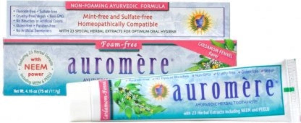 Auromere Cardamom-Fennel Ayurvedic Toothpaste tube - foam-free natural herbal toothpaste