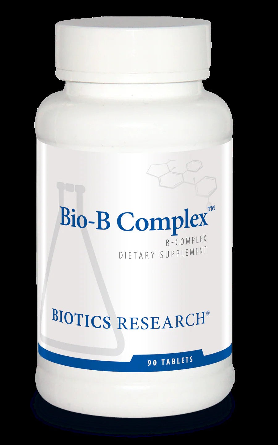 Bio-B Complex high potency B-complex vitamin supplement bottle with 90 tablets by Biotics Research, featuring therapeutic levels of B5, B12, SOD and catalase for energy and nervous system support