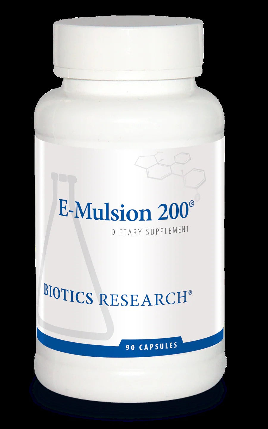 E-Mulsion 200 emulsified vitamin E supplement bottle with 90 capsules by Biotics Research, featuring 200 IU vitamin E with mixed tocopherols, SOD and catalase for enhanced absorption and antioxidant support