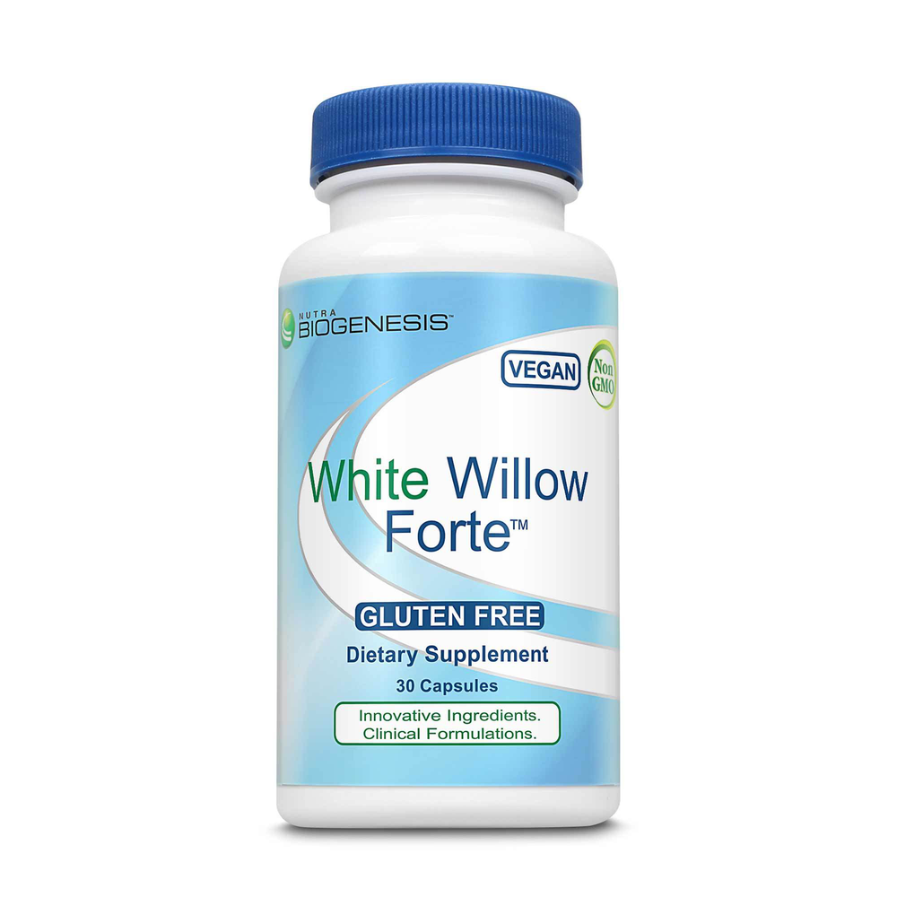 White Willow Forte™ supplement bottle by Biogenesis - herbal enzyme blend with White Willow bark, Turmeric, and Boswellia for body comfort and antioxidant support