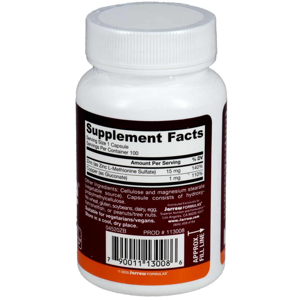 Zinc Balance 15mg with Copper supplement bottle by Jarrow Formulas - 100 capsules for immune support