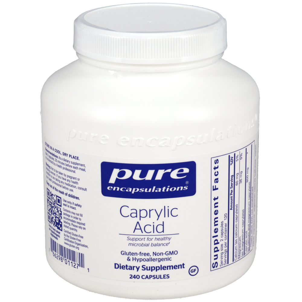 Caprylic Acid 400mg - 240 vegetarian capsules in white bottle for digestive health and immune support