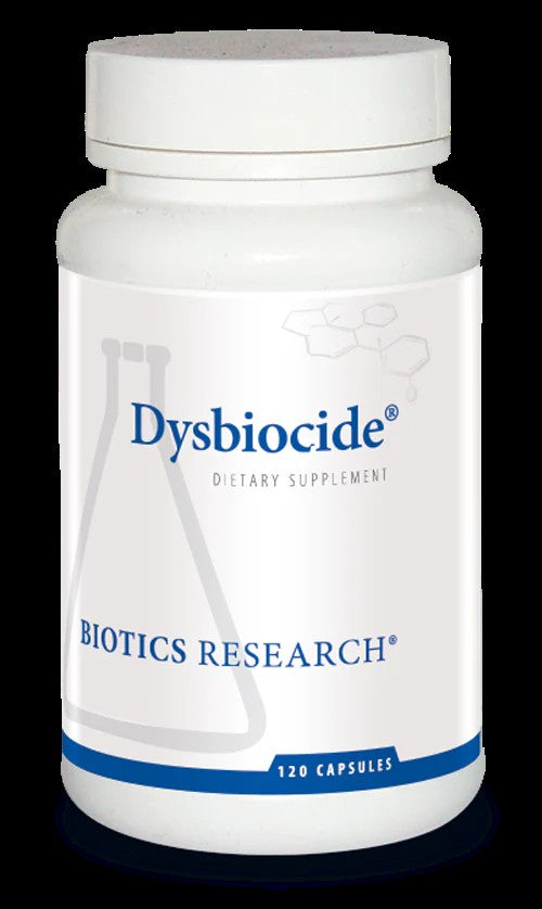 Dysbiocide herbal supplement bottle - 120 capsules for gut health and microbiota support by Biotics Research