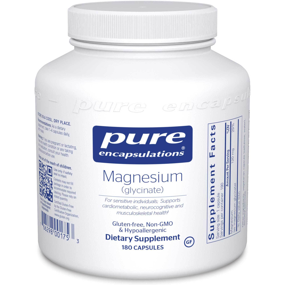 Pure Encapsulations Magnesium Glycinate 120mg - 180 capsules bottle, highly bioavailable magnesium supplement for muscle and heart health
