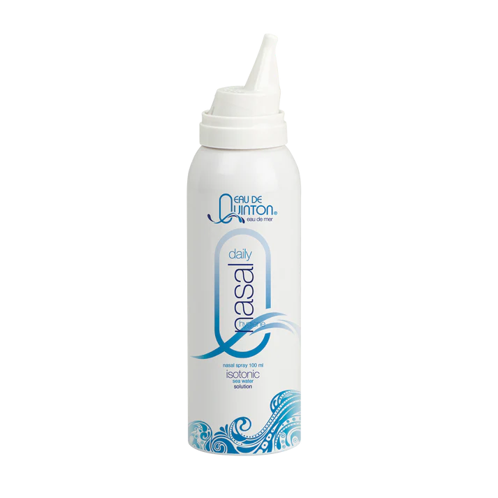 Nasal spray bottle with a white and blue design on a white background