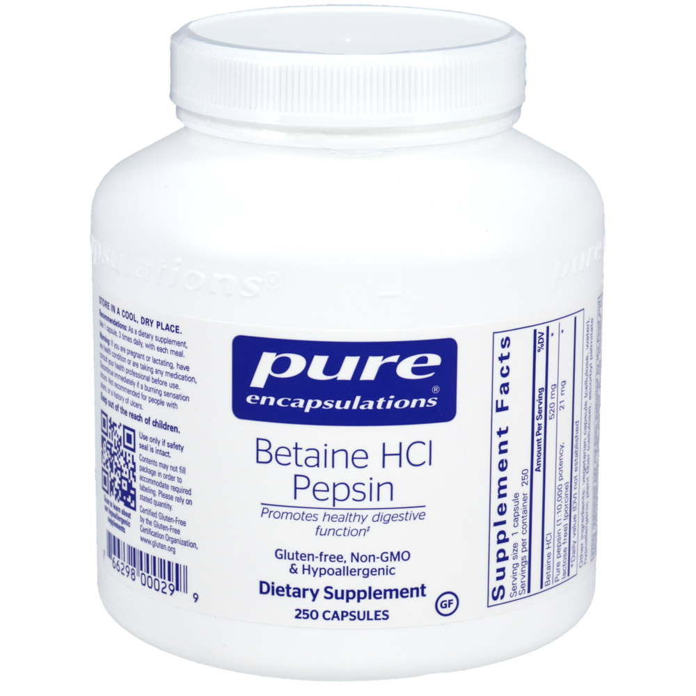 Betaine HCL Pepsin 520mg by Pure Encapsulations - Digestive enzyme supplement with pepsin - 250 vegetarian capsules