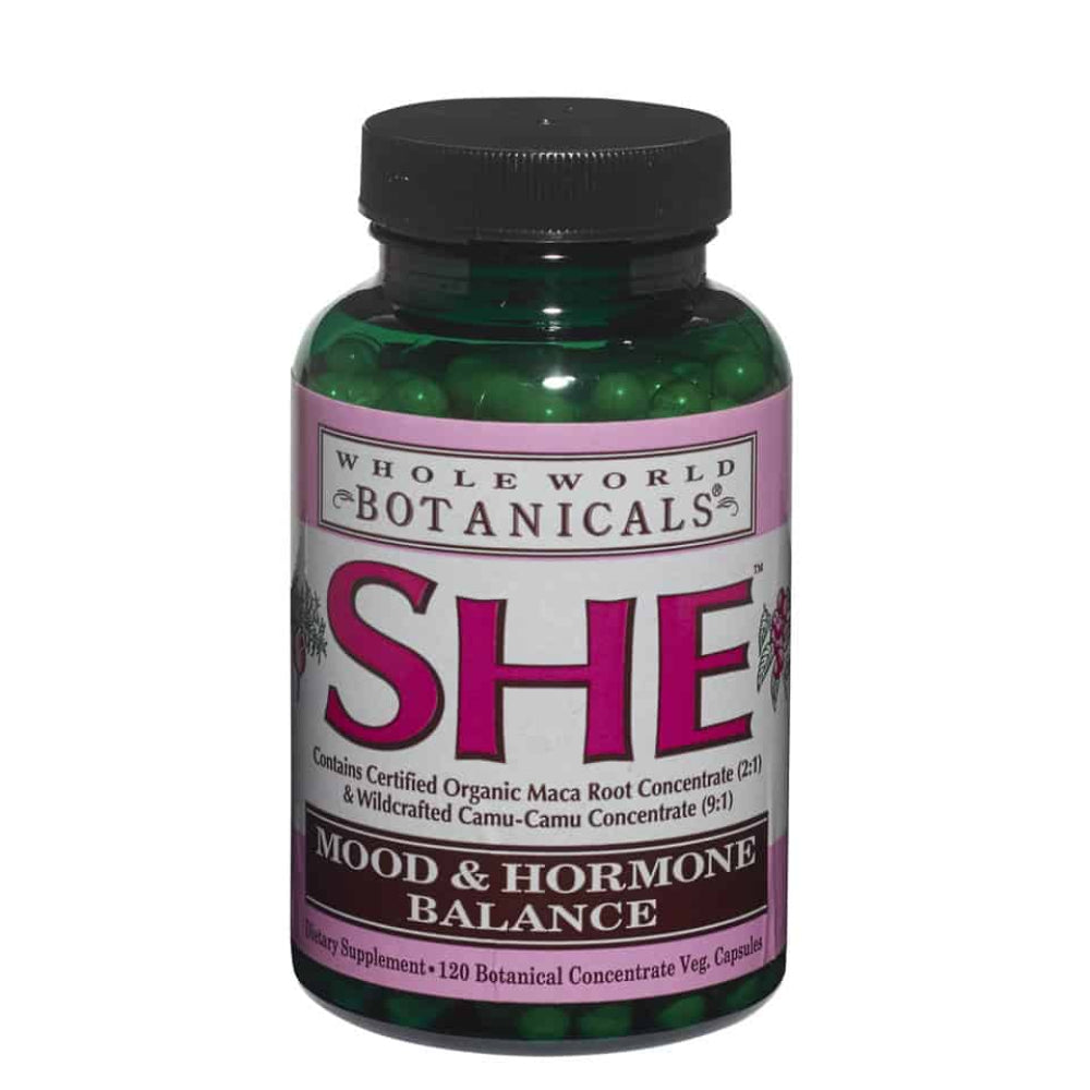 SHE Hormone Balance Support supplement bottle with Royal Maca and Camu - 120 vegetarian capsules for women's hormonal health and PMS relief